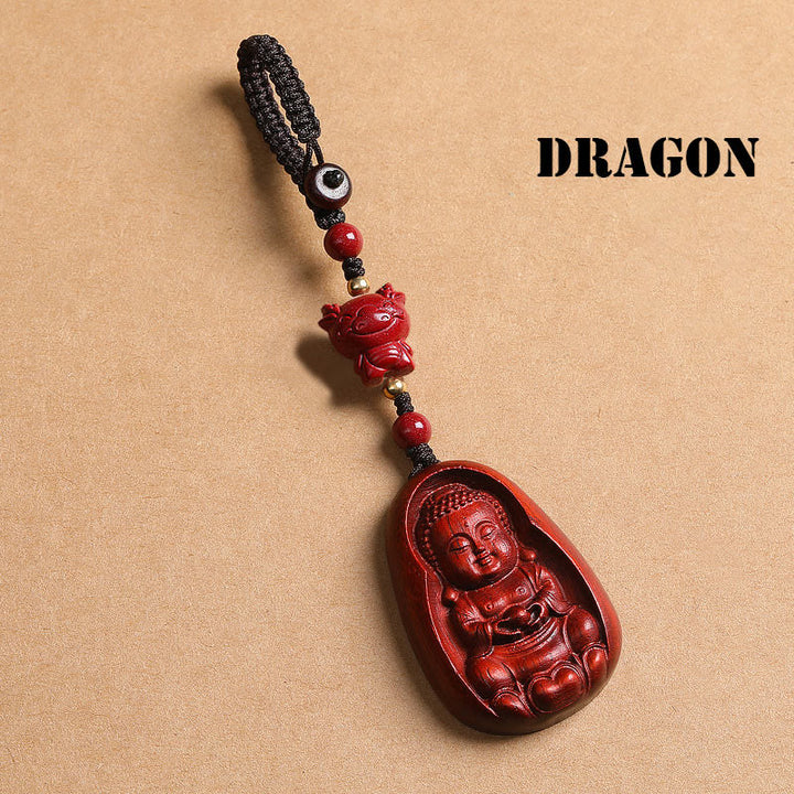 Buddha Stones Piccola foglia Sandalo rosso Buddha Cinabro Zodiaco cinese Amuleto Protezione Portachiavi