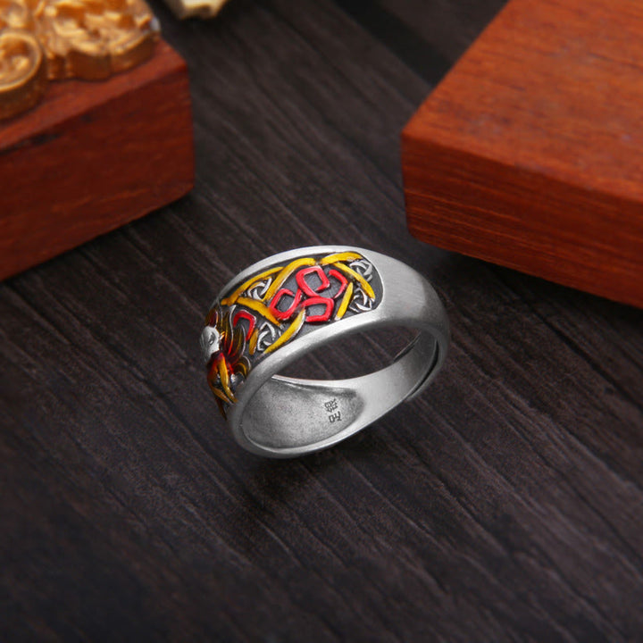 Anello di protezione del successo della volpe a nove code in argento sterling 999 Buddha Stones