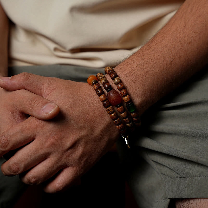 Buddha Stones Semi di Bodhi Tibetano Ambra Perline Dzi Agata Zakiram Dea della Ricchezza Perline Bracciale Triplo Avvolgimento