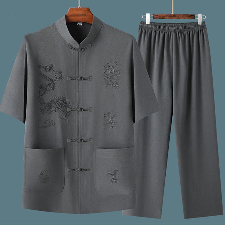 Buddha Stones Tang Suit Hanfu Drago Cinese Tradizionale Kung Fu Uniforme Manica Corta Top e Pantaloni Abbigliamento Uomo Set