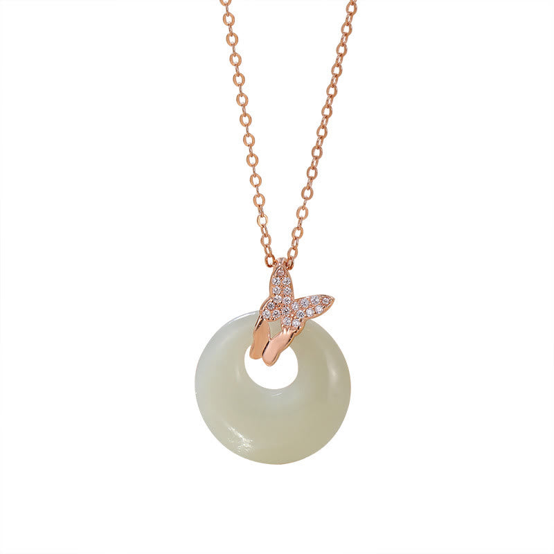 Buddha Stones 925 Sterling Silver Hetian Jade Zircone Naturale Farfalla Collana Pendente Fortuna