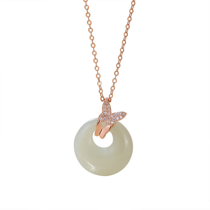 Buddha Stones 925 Sterling Silver Hetian Jade Zircone Naturale Farfalla Collana Pendente Fortuna