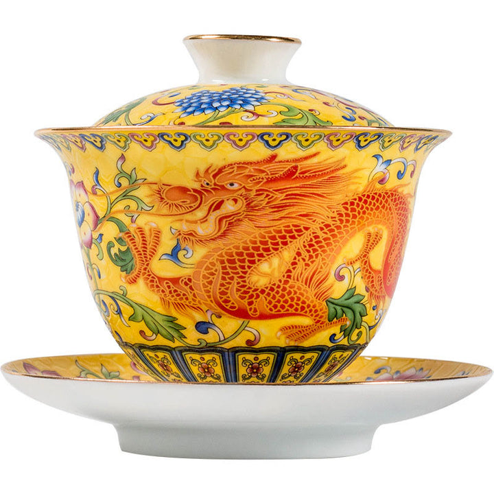 Buddha Stones Dragon Phoenix Flower Design Ceramica Gaiwan Sancai Tazza da tè Kung Fu Tazza da tè e piattino con coperchio