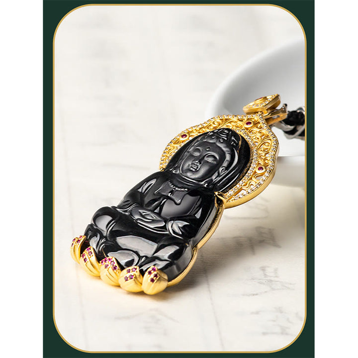 Buddha Stones 925 Sterling Silver Natural Black Jade Kwan Yin Avalokitesvara Collana con ciondolo Wealth - image 7