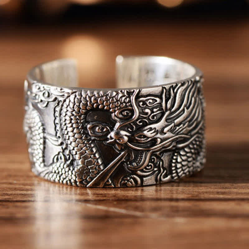 Anello di protezione e successo con motivo intagliato a drago in argento sterling 999 Buddha Stones