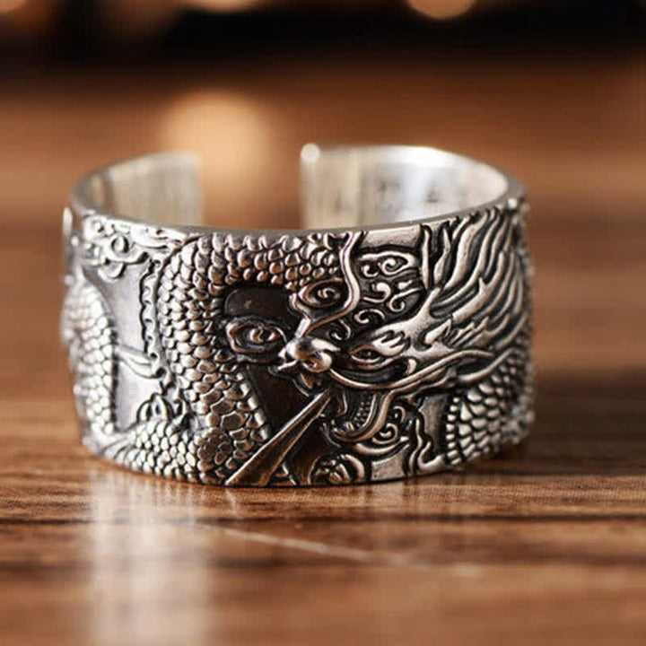 Anello di protezione e successo con motivo intagliato a drago in argento sterling 999 Buddha Stones