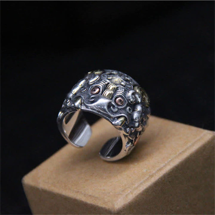 Anello regolabile con protezione del bestiame Fengshui Kui in argento sterling 925 Buddha Stones