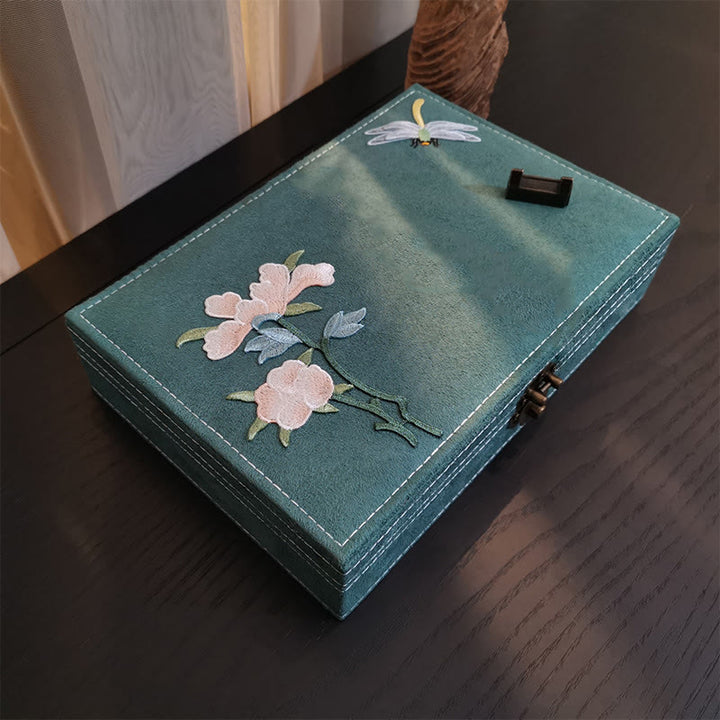 Buddha Stones Flowers Dragonfly Jewelry Box Organizer Scatola portaoggetti per gioielli a strato singolo Scatola di flanella