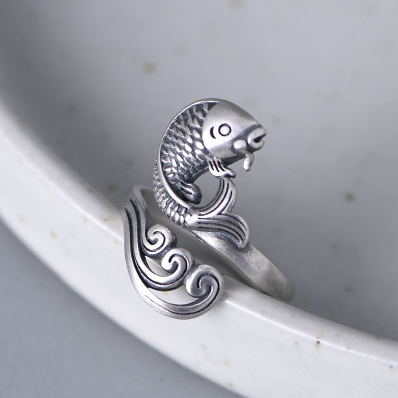 Buddha Stones 925 Sterling Silver Koi Fish Water Ripple Luck Wealth