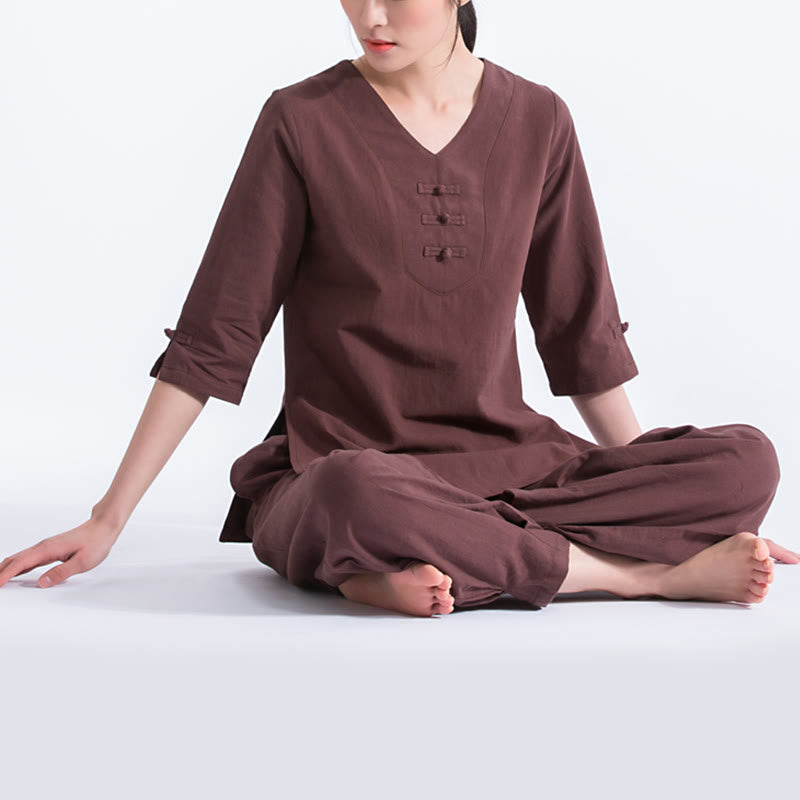 Buddha Stones Yoga Meditazione Preghiera Scollo a V Design Cotone Lino Abbigliamento Uniforme Zen Pratica Set da Donna - image 9