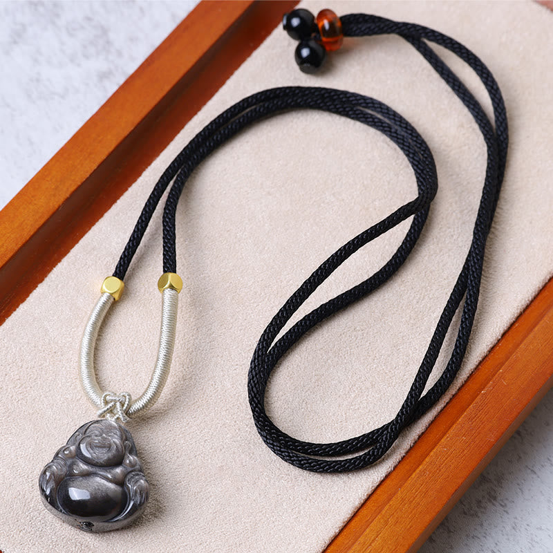 Collana con ciondolo di protezione Buddha che ride in ossidiana naturale con Buddha Stones in argento - Collana nera del Buddha che ride - image 10