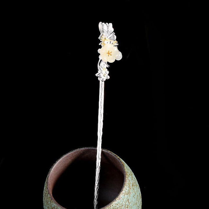 Forcina per capelli con fiore di giada bianca Hetian in argento sterling 925