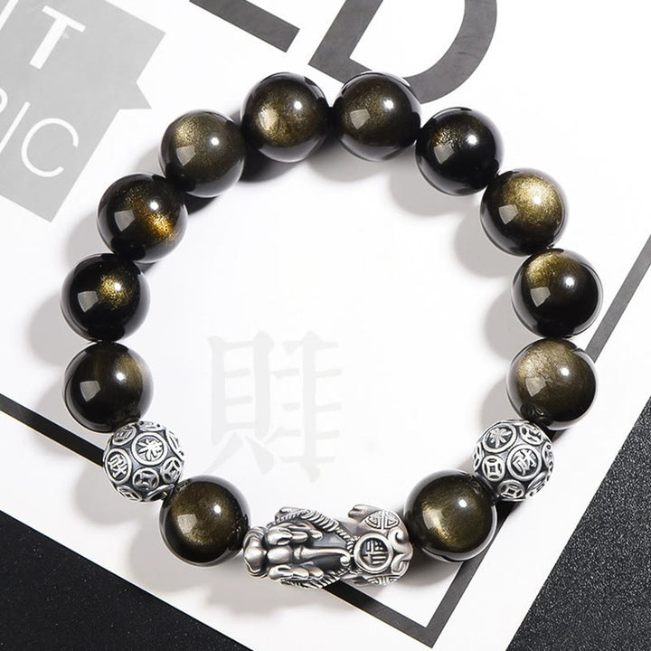 Braccialetto di protezione della ricchezza PiXiu in ossidiana naturale lucidata in argento sterling 925 Buddha Stones