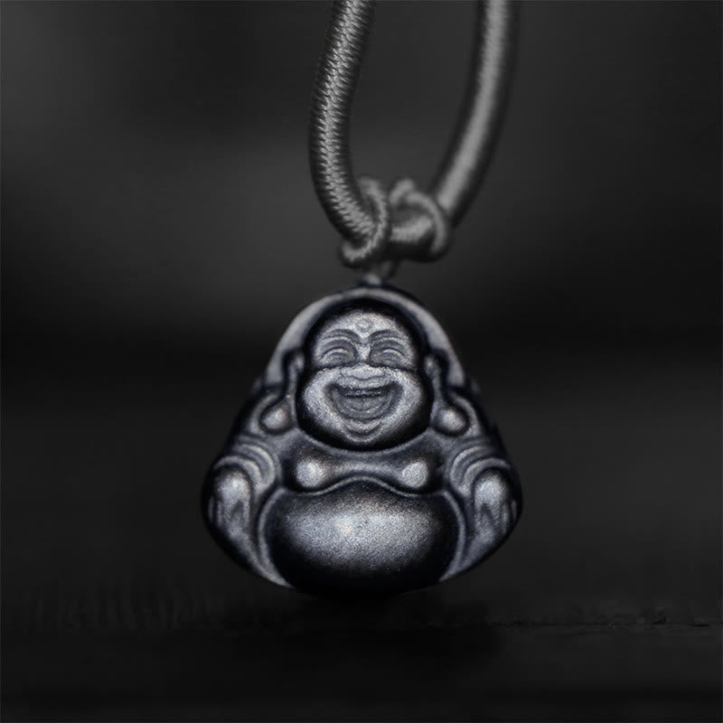 Collana con ciondolo di protezione Buddha che ride in ossidiana naturale con Buddha Stones in argento - image 1
