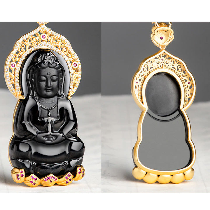 Buddha Stones 925 Sterling Silver Natural Black Jade Kwan Yin Avalokitesvara Collana con ciondolo Wealth - image 5