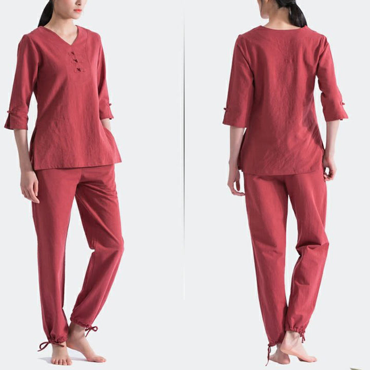 Buddha Stones Yoga Meditazione Preghiera Scollo a V Design Cotone Lino Abbigliamento Uniforme Zen Pratica Set da Donna - image 13