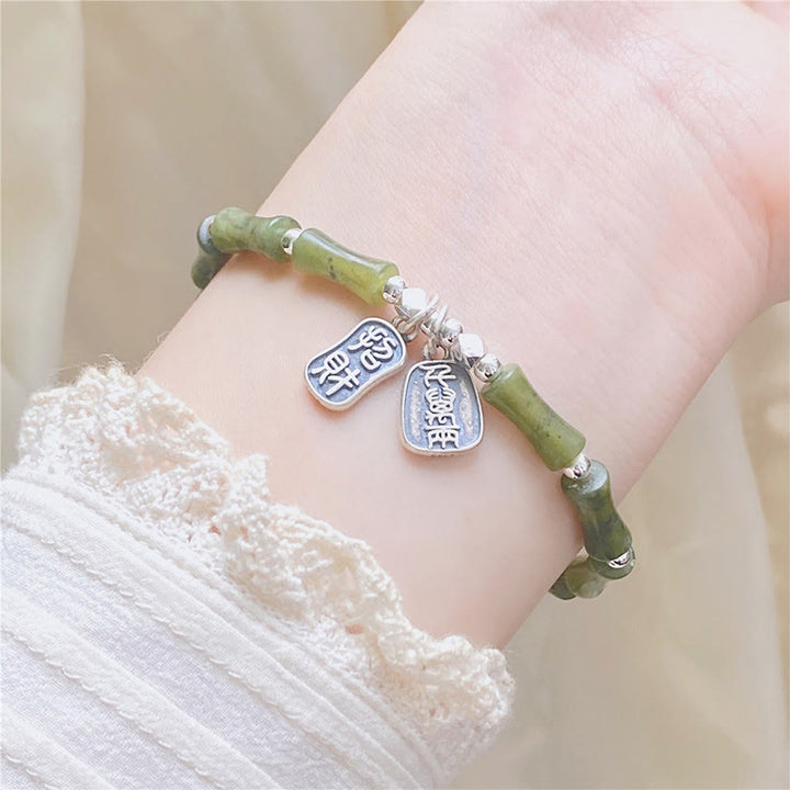 Bracciale Buddha Stones 925 Sterling Silver Bamboo Jade Lucky Cat Fu Character Luck Abundance