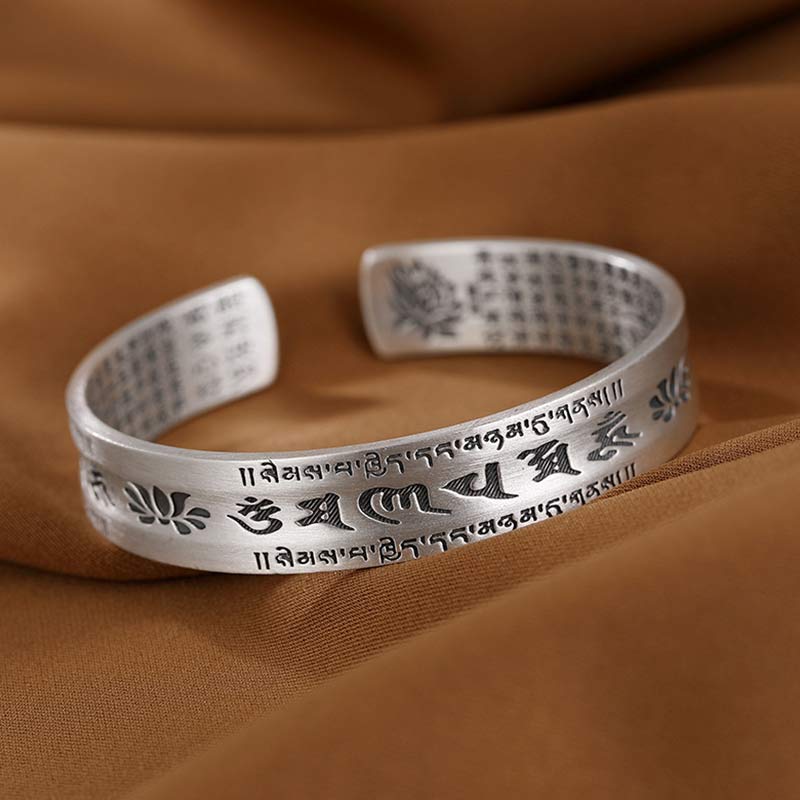 Buddha Stones 999 Sterling Silver Om Mani Padme Hum Lotus Wisdom Bracciale Bangle