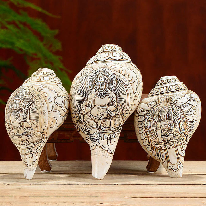 Decorazione di ricchezza di conchiglia di conchiglia di Avalokitesvara Buddha tibetano inciso a mano Shankha