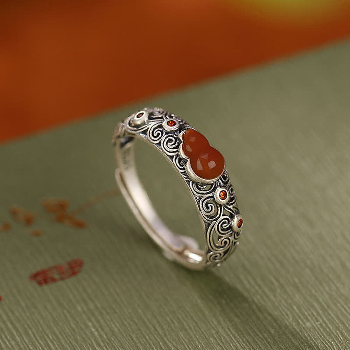 Anello di buon auspicio con zucca, giada ciano e agata rossa in argento sterling 925