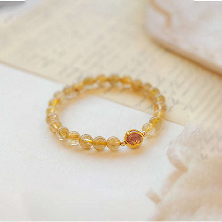 Braccialetto di protezione a forma di stella in quarzo rutilato dorato Buddha Stones Strawberry Quartz