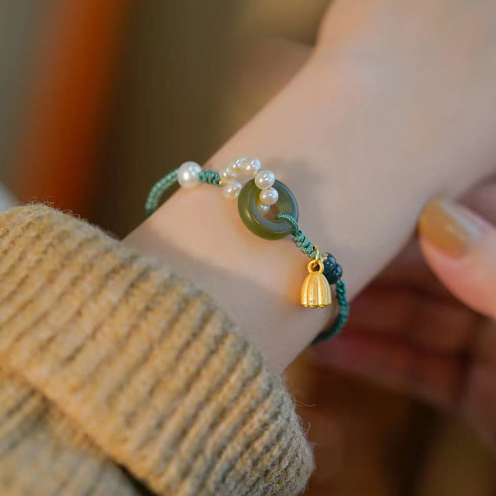Bracciale intrecciato a mano con perle e giada naturale di Hetian, fibbia della pace, pietre Buddha Stones