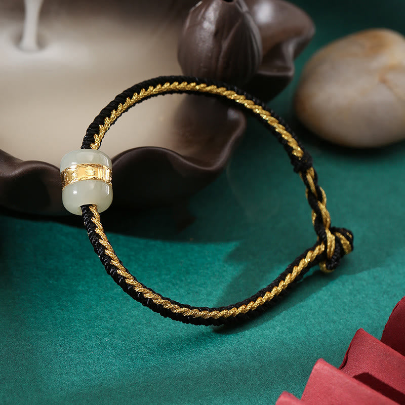 Bracciale intrecciato con carattere Om Mani Padme Hum Fu in giada bianca Hetian con Buddha Stones in oro 999