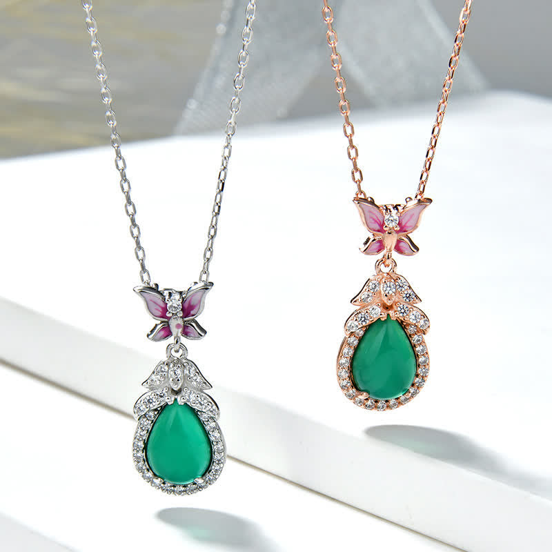 Collana con ciondolo in argento sterling 925, calcedonio verde, farfalla e zircone, coraggio