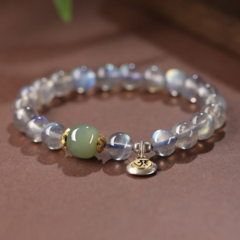 Buddha Stones Zodiaco cinese Buddha natale Argento Sterling 925 Pietra di luna naturale Giada Hetian Braccialetto positivo
