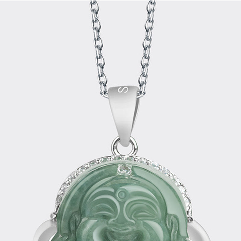 Collana con ciondolo a Buddha Stones in argento sterling 925 con Buddha che ride e giada, abbondanza - image 7
