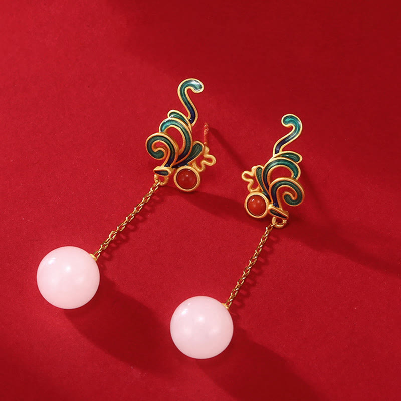 Orecchini pendenti con perline di agata rossa e giada bianca vintage Buddha Stones