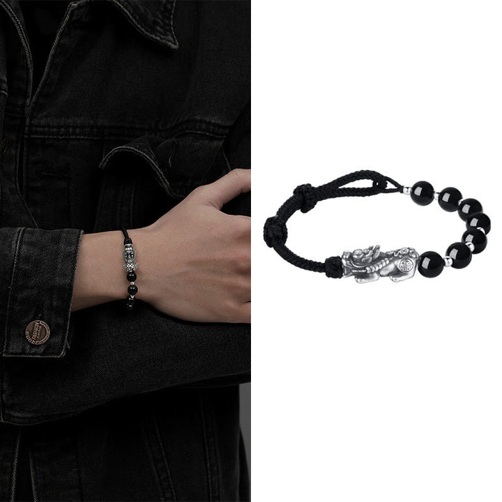 Buddha Stones 999 Sterling Silver FengShui PiXiu Ossidiana nera naturale 925 Sterling Silver Bead Strength Bracciale