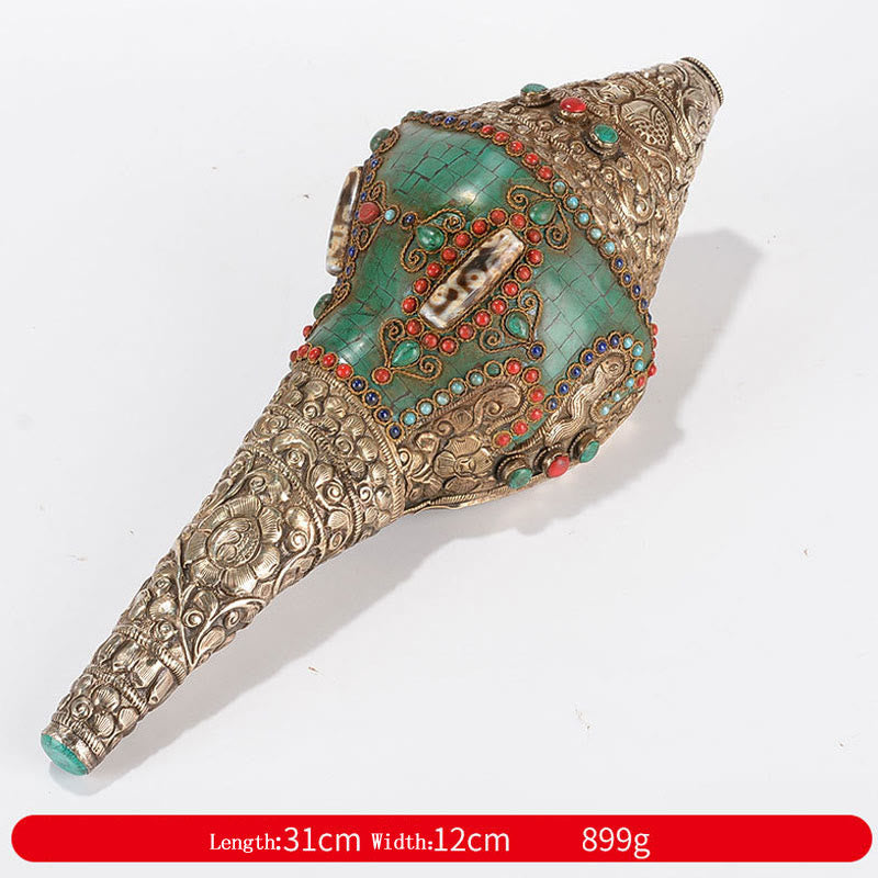 Shankha tibetano fatto a mano Om Mani Padme Hum Buddha Avalokitesvara Turchese Conchiglia Decorazione positiva