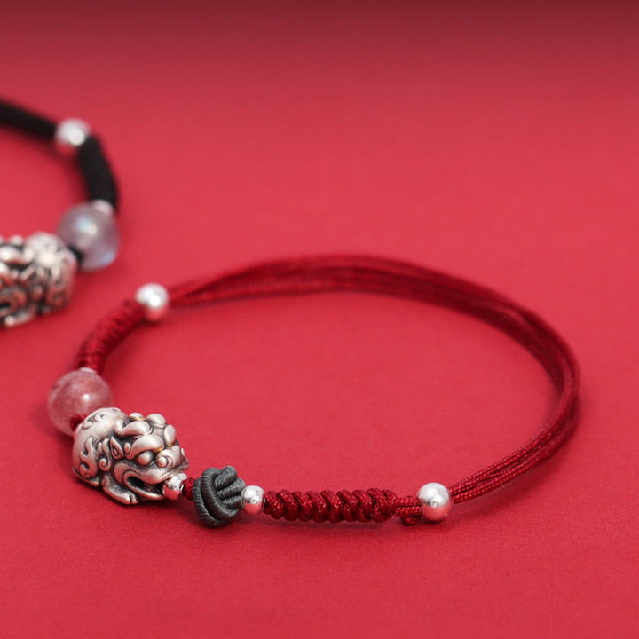 Bracciale intrecciato Buddha Stones 999 Sterling Silver PiXiu Strawberry Quartz Bead Wealth Luck