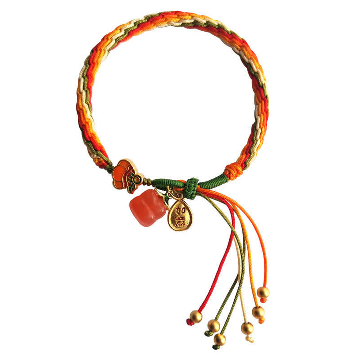 Braccialetto con corda intrecciata con nodo di reincarnazione in agata rossa e cachi Buddha Stones