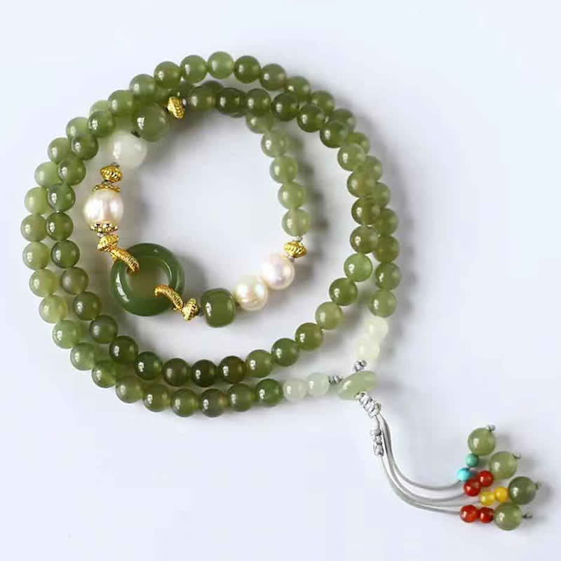 Braccialetto di corda con fibbia della pace, perle di giada Hetian, pietre Buddha Stones e ricchezza