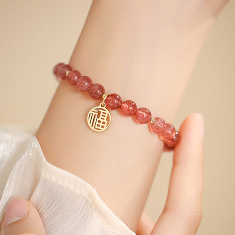 Braccialetto con ciondolo curativo in quarzo fragola placcato oro 14K Buddha Stones Fu
