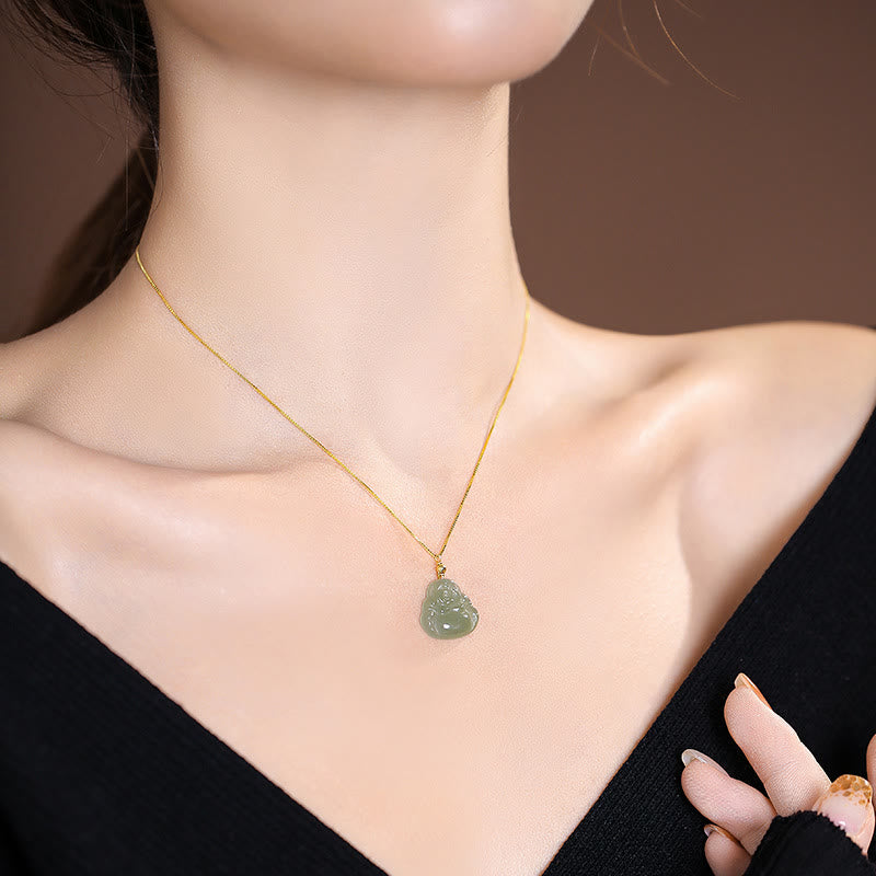 Collana con ciondolo a forma di farfalla Buddha che ride in giada ciano naturale Hetian Jade in argento sterling 925 - image 3