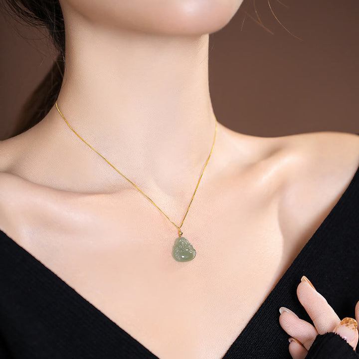 Collana con ciondolo a forma di farfalla Buddha che ride in giada ciano naturale Hetian Jade in argento sterling 925 - image 3