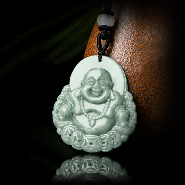 Buddha Stones Buddha che ride Collana con ciondolo in giada naturale con moneta di rame e abbondanza