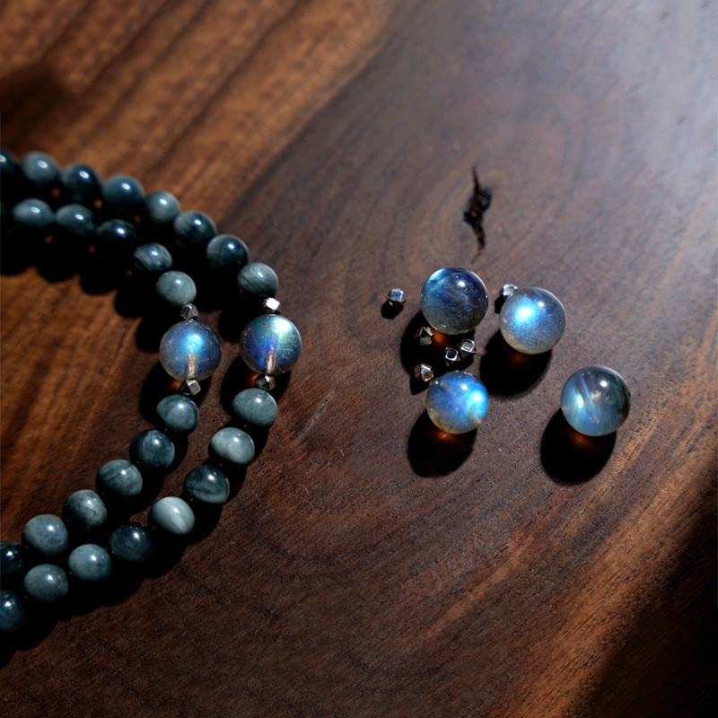 Buddha Stones Argento Sterling 925 108 Perline Mala Pietra Occhio d'Aquila Pietra di Luna Braccialetto Positivo