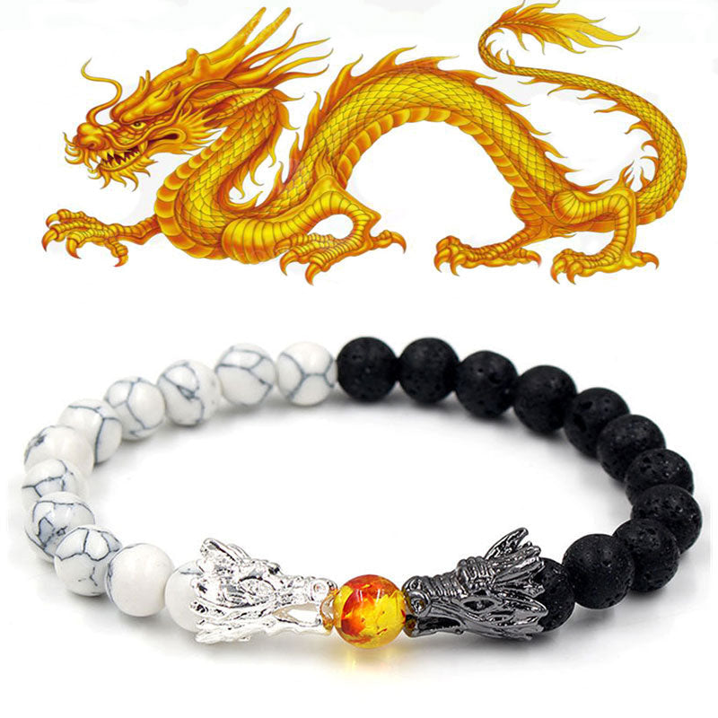 Braccialetto di perline con benedizione del drago, pietra lavica turchese bianco Buddha Stones