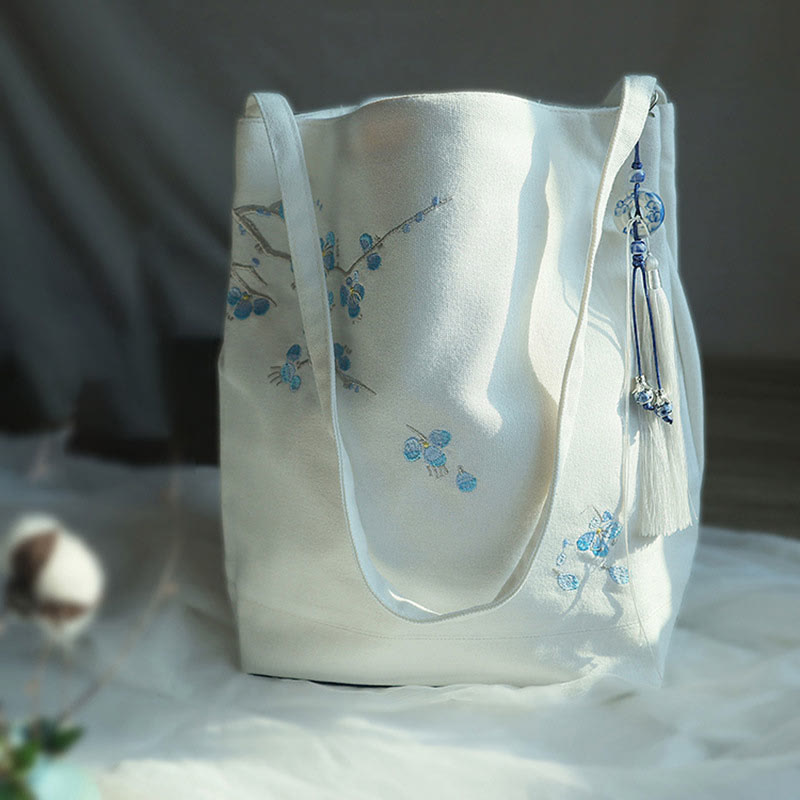 Buddha Stones Flower Crane Plum Blossom Ricamo Tela Grande Capacità Borsa a Tracolla Tote Bag