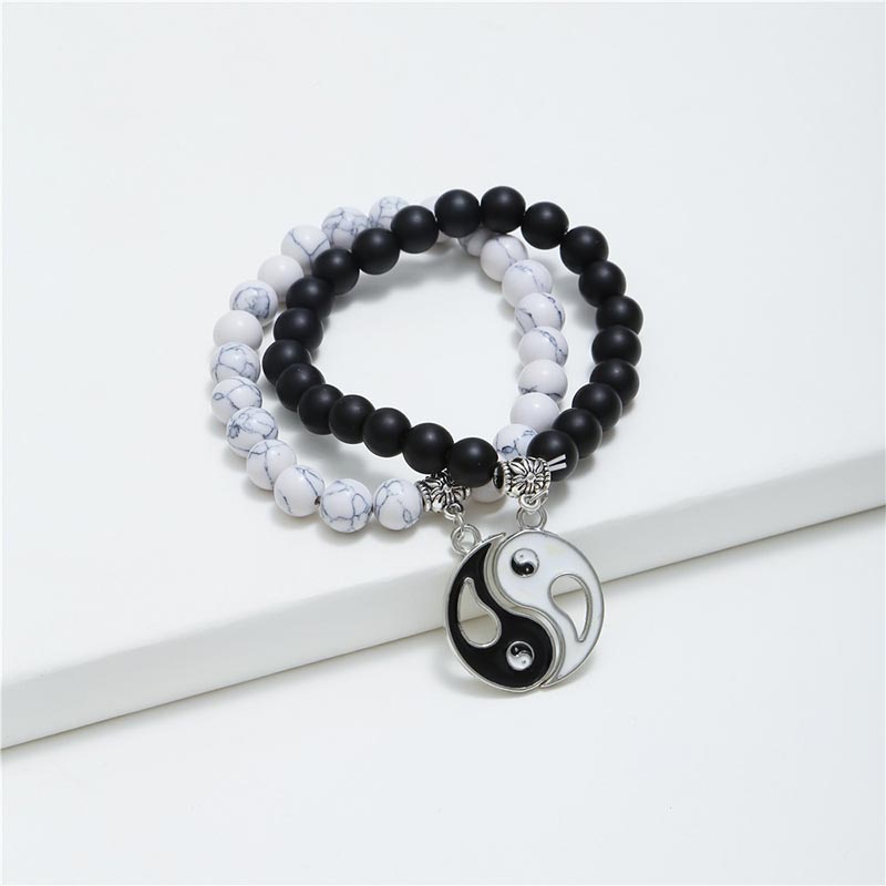 Buddha Stones 2 pezzi Braccialetto di coppia Yin Yang con perline di turchese bianco e onice nero naturale - image 1