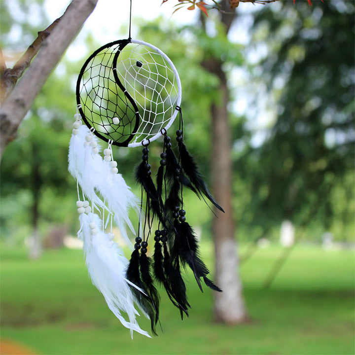 Acchiappasogni Yin Yang Rete circolare con piume Decorazione di equilibrio