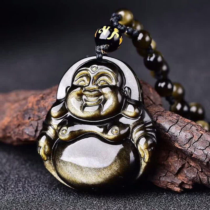 Collana con ciondolo Buddha Stones Laughing Buddha in ossidiana dorata e lucente, ricchezza - Perla di ossidiana lucente dorata - image 1
