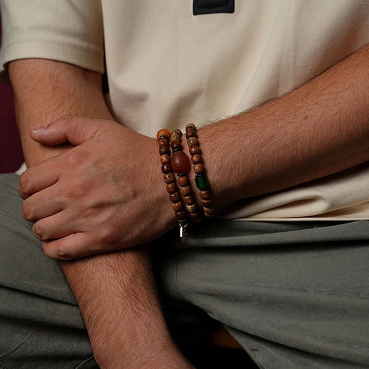 Buddha Stones Semi di Bodhi Tibetano Ambra Perline Dzi Agata Zakiram Dea della Ricchezza Perline Bracciale Triplo Avvolgimento