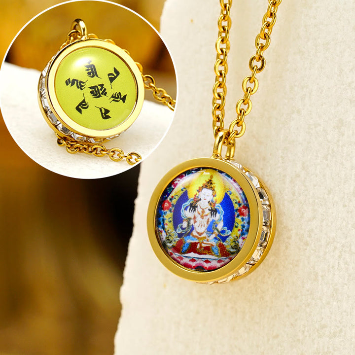 Buddha Stones Tibetano Giallo Dio della Ricchezza Tara Verde Buddha Serenity Collana Pendente in Acciaio al Titanio - Mantra anteriore Vajrasattva Bodhisattva posteriore - image 11