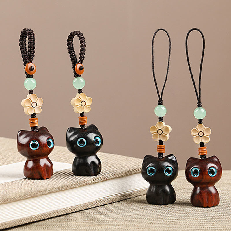 Buddha Stones Mini Piccola Foglia Sandalo Rosso Legno di Ebano Gatto Fortunato Adorabile Gattino Pace Portachiavi Telefono Appeso Decorazione - image 2