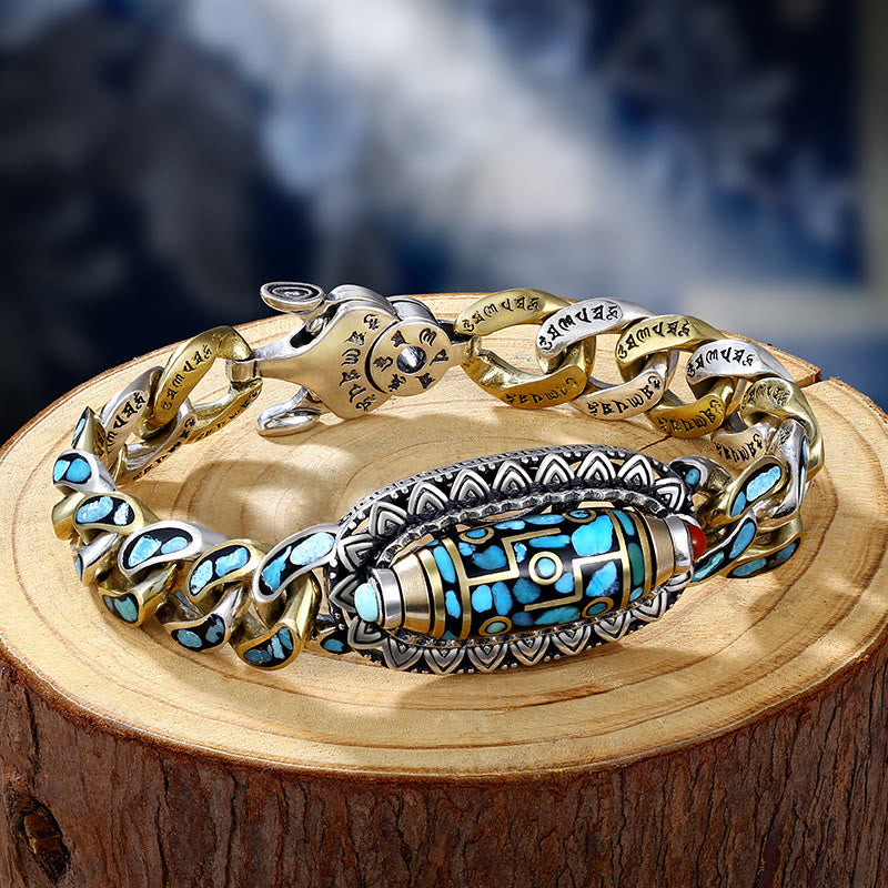 Buddha Stones Tibetano Nove Occhi Dzi Bead Om Mani Padme Hum Turchese Protezione Bracciale Rotante - Perlina Dzi a nove occhi (ricchezza♥protezione) - 22 cm adatto per circonferenza polso 20 cm - image 1